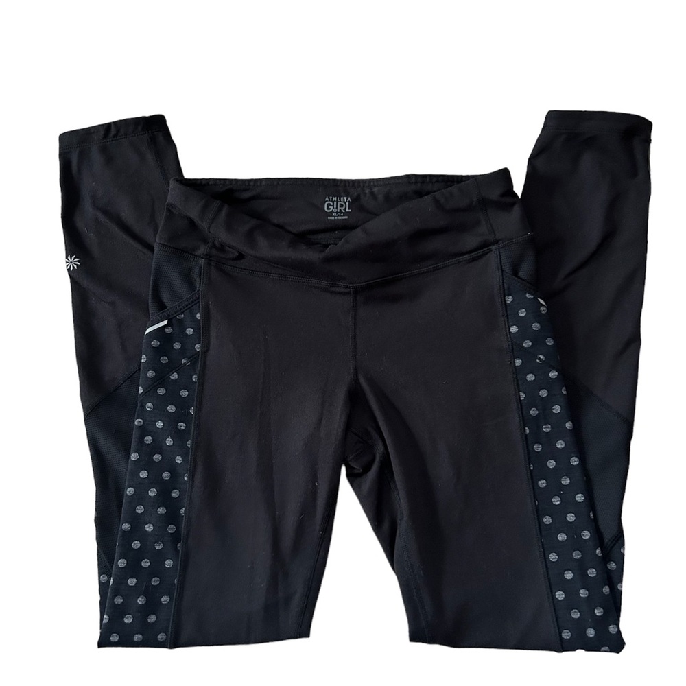 Athleta Girls Leggings. Black/Gray. Polka dot accents.  Sz XL/14. Gently worn